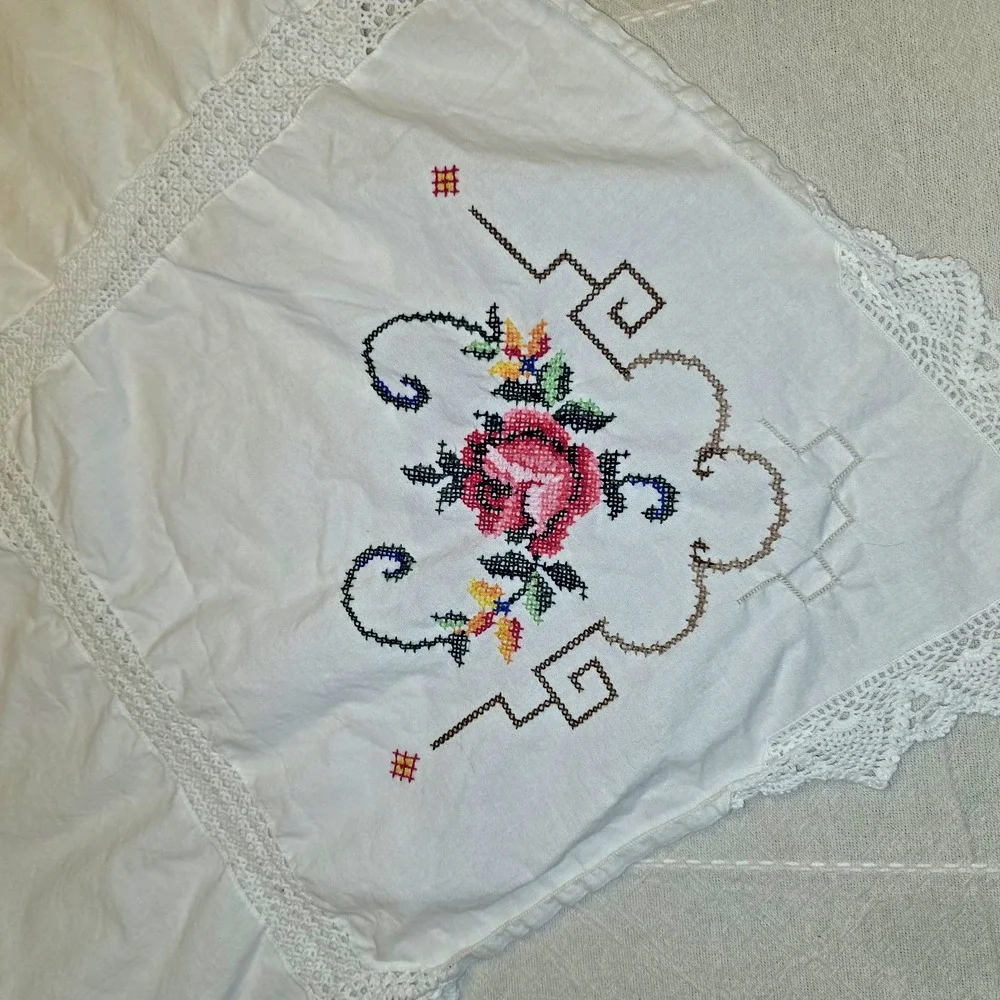 VTG Embroidered Cross Stitch Linen Tablecloth 112x64 White Crochet Edge Handmade